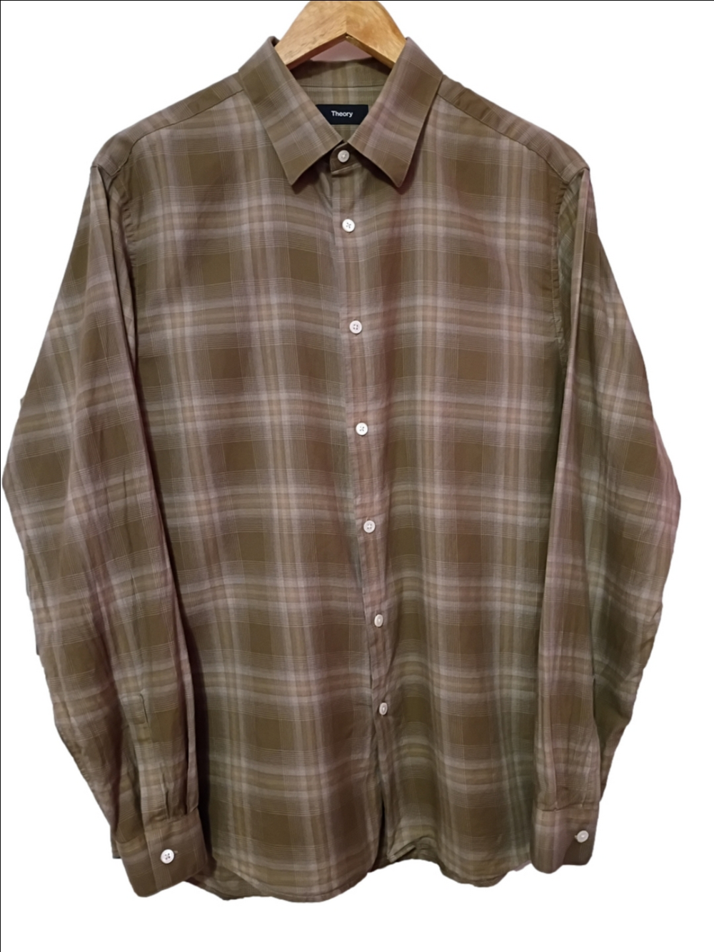 Theory Men's Olive Large Plaid Button-Up Shirt